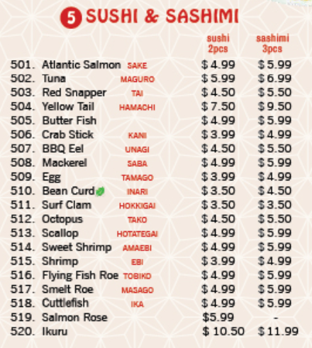 sushi menu